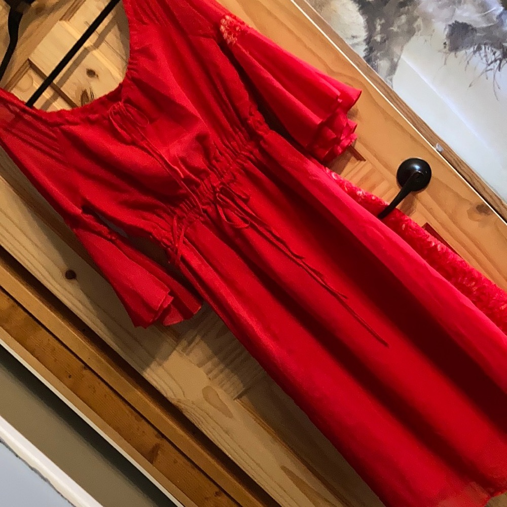 Red/Gold Flounce Sleeve Dress